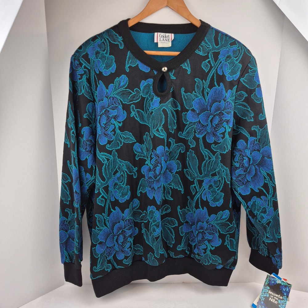 Cricket Lane VTG 90s Floral Keyhole Top Teal Blue Rose Jewels of the Nile NWT